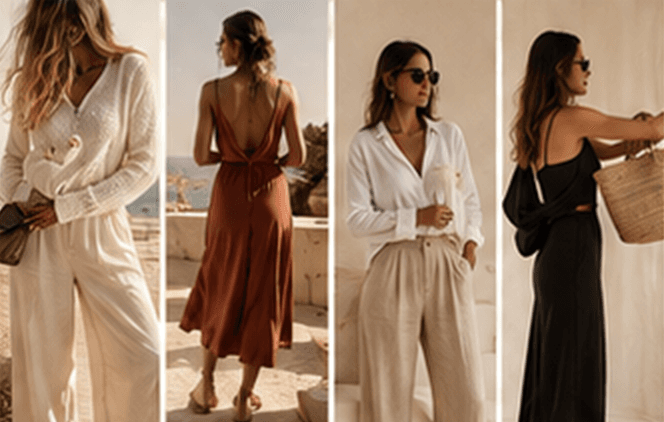 Quatre silhouettes Mandora : ensemble crème, robe terracotta, chemise blanche et pantalon, combinaison noire